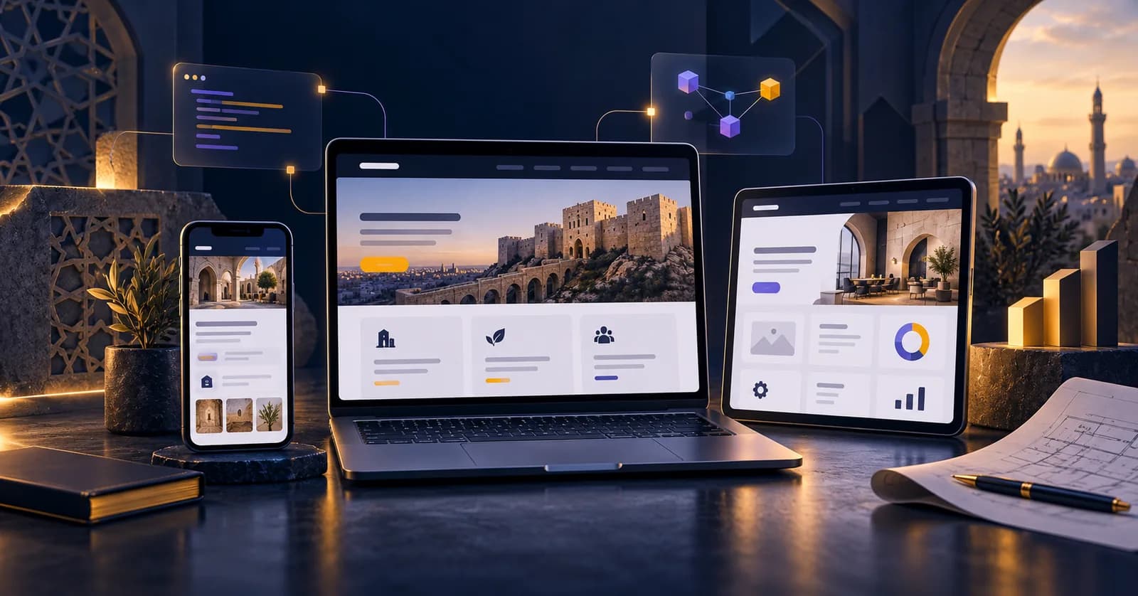 Responsive business website displayed on laptop, tablet and phone with planning elements inspired by Syria