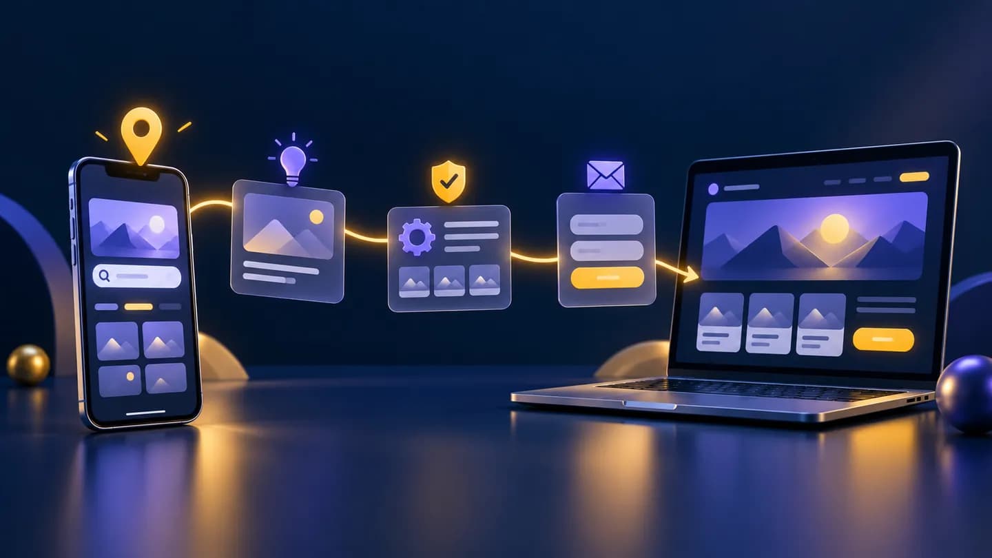 Illustrative customer journey flowing from mobile discovery through service and proof screens to a desktop enquiry action