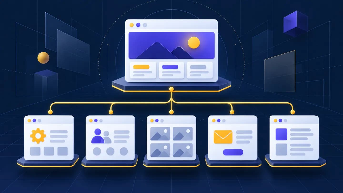 Illustrative website map with a homepage connected to service, company, project, contact and news page modules
